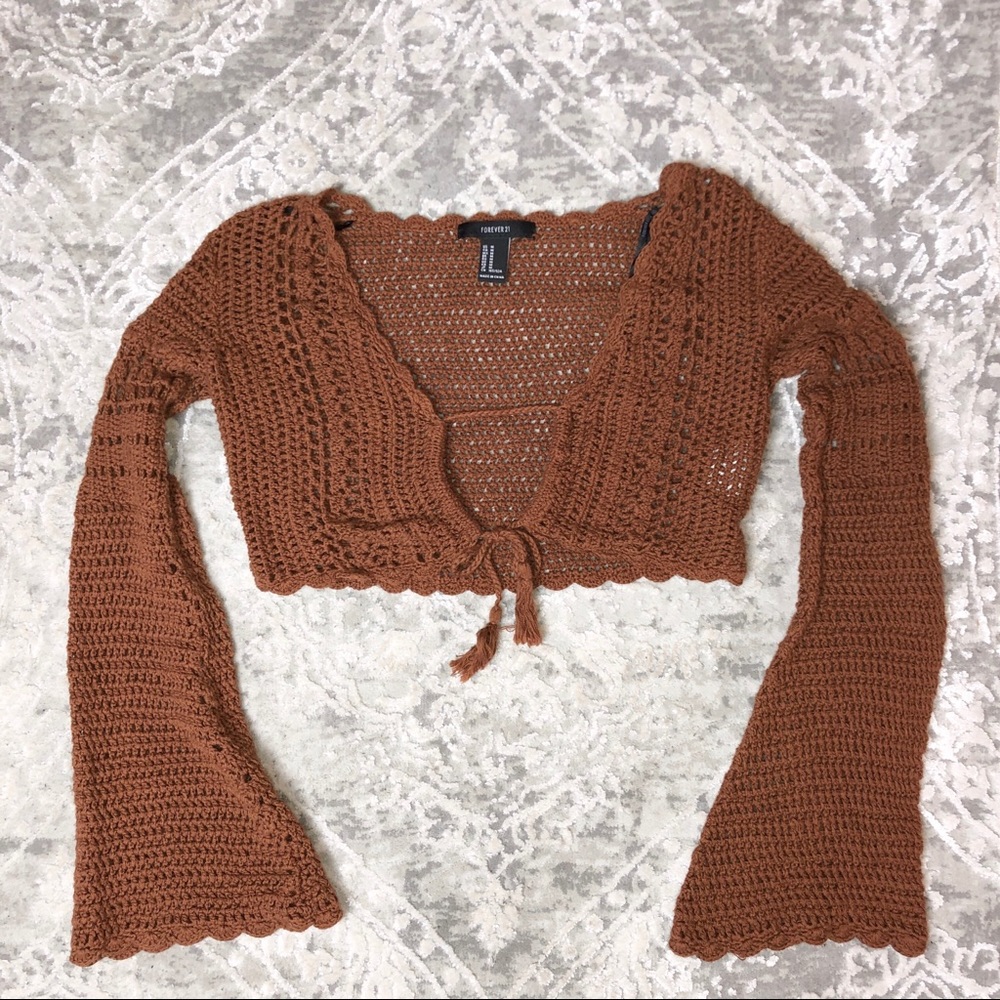 Bell Sleeve Crochet Crop Top with String Tassels